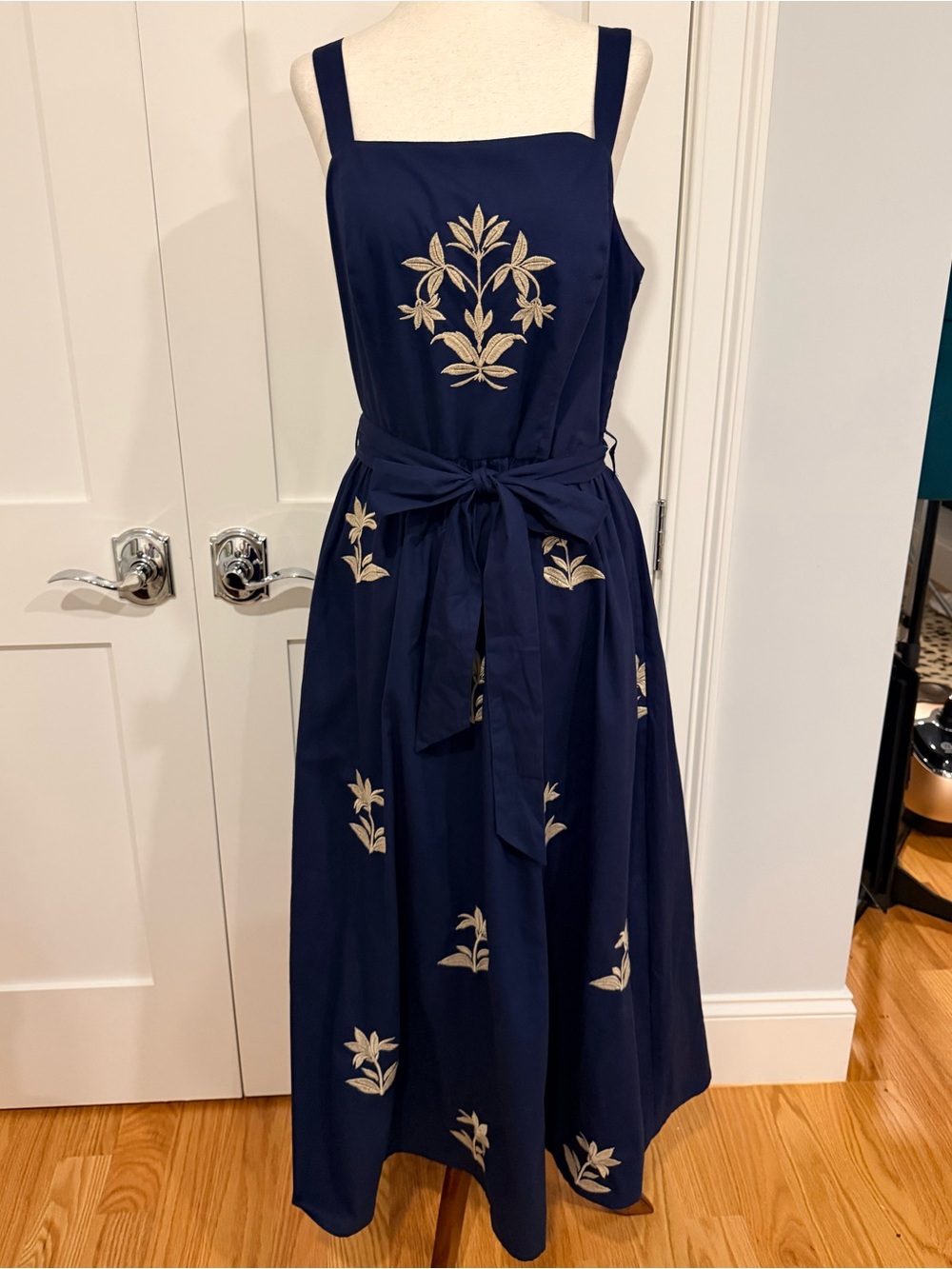 LEA Navy Embroidered Maxi Dress with Tie Waist